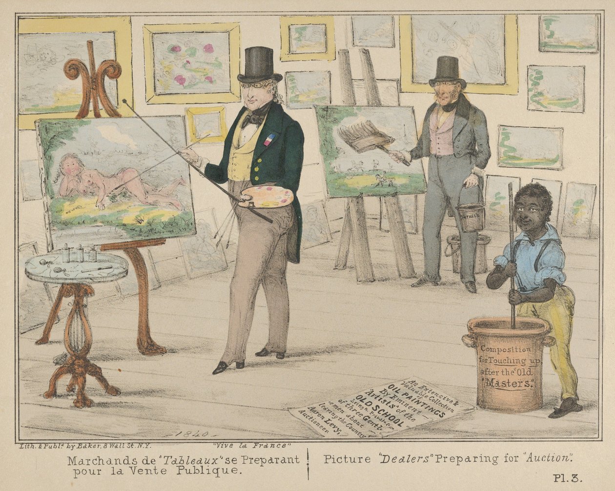 Vive la France, Sprzedawcy obrazów przygotowujący się do publicznej sprzedaży obrazów, 1840. autorstwa Alfred E. Baker