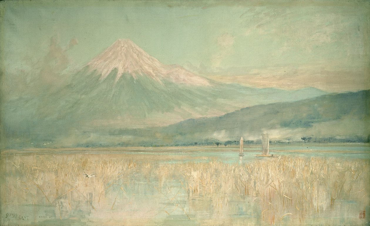 Świt na Świętej Górze, słońce Fuji na wpół ukryte w chmurach, 1889 autorstwa Alfred East