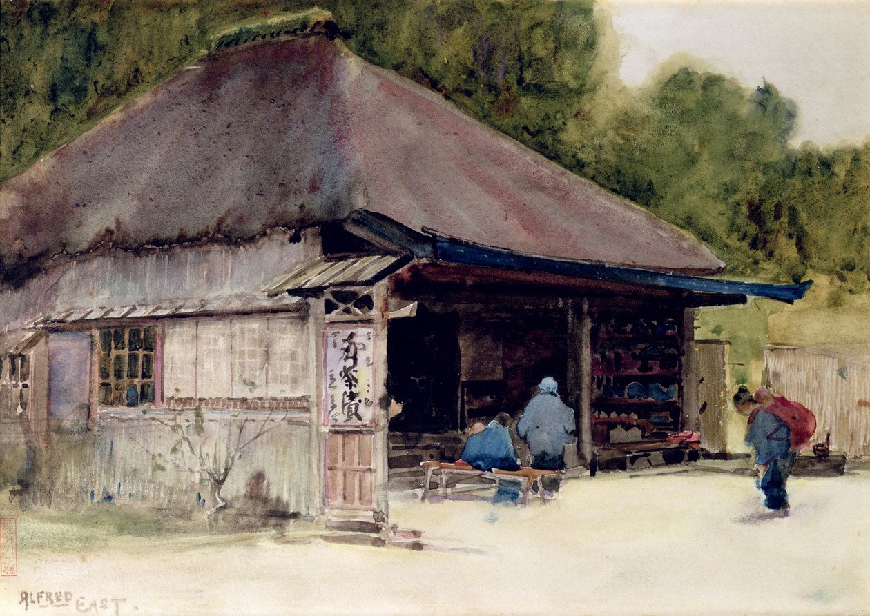 Herbaciarnia w wiosce Hakone, ok.1889 (toaleta i ołówek na papierze) autorstwa Alfred East