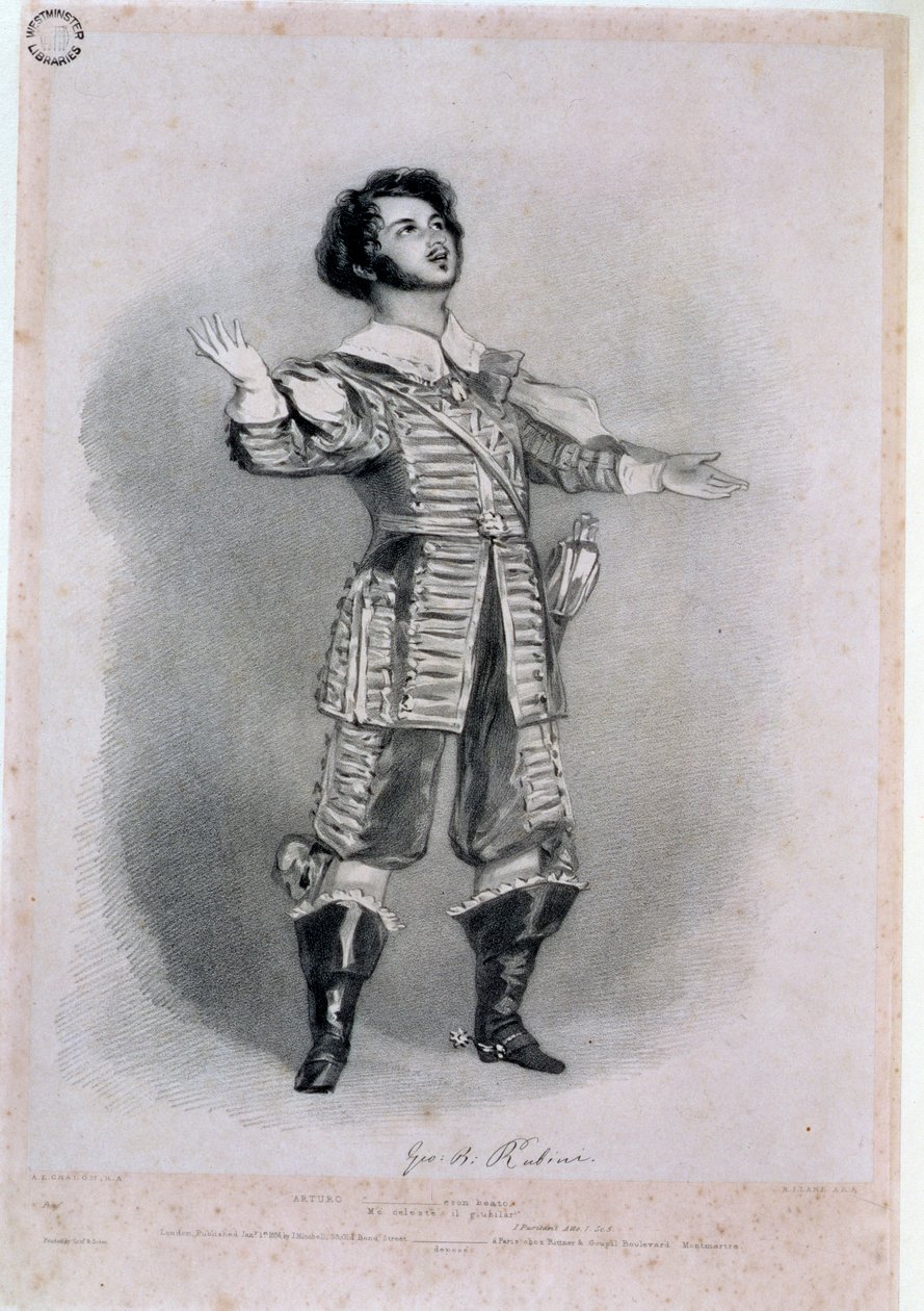 Giovanni Battista Rubini (1794-1854) jako Arturo w "I Puritani", odbitka próbna z "Recollections of the Italian Opera", wyryta przez Richarda Jamesa Lane