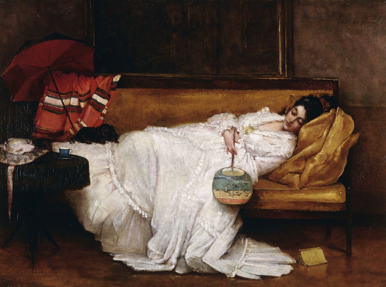 Dziewczyna z japońskim wentylatorem śpi na kanapie, autorstwa Alfred Emile Stevens