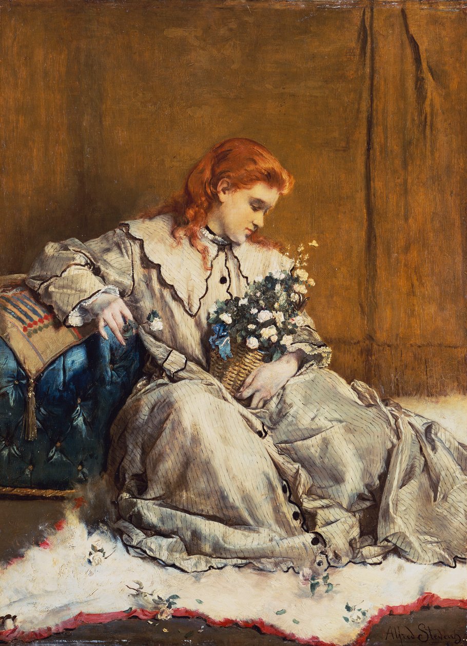 Marzenie, młoda rudowłosa dziewczyna z niebieskim otomanem autorstwa Alfred Emile Stevens