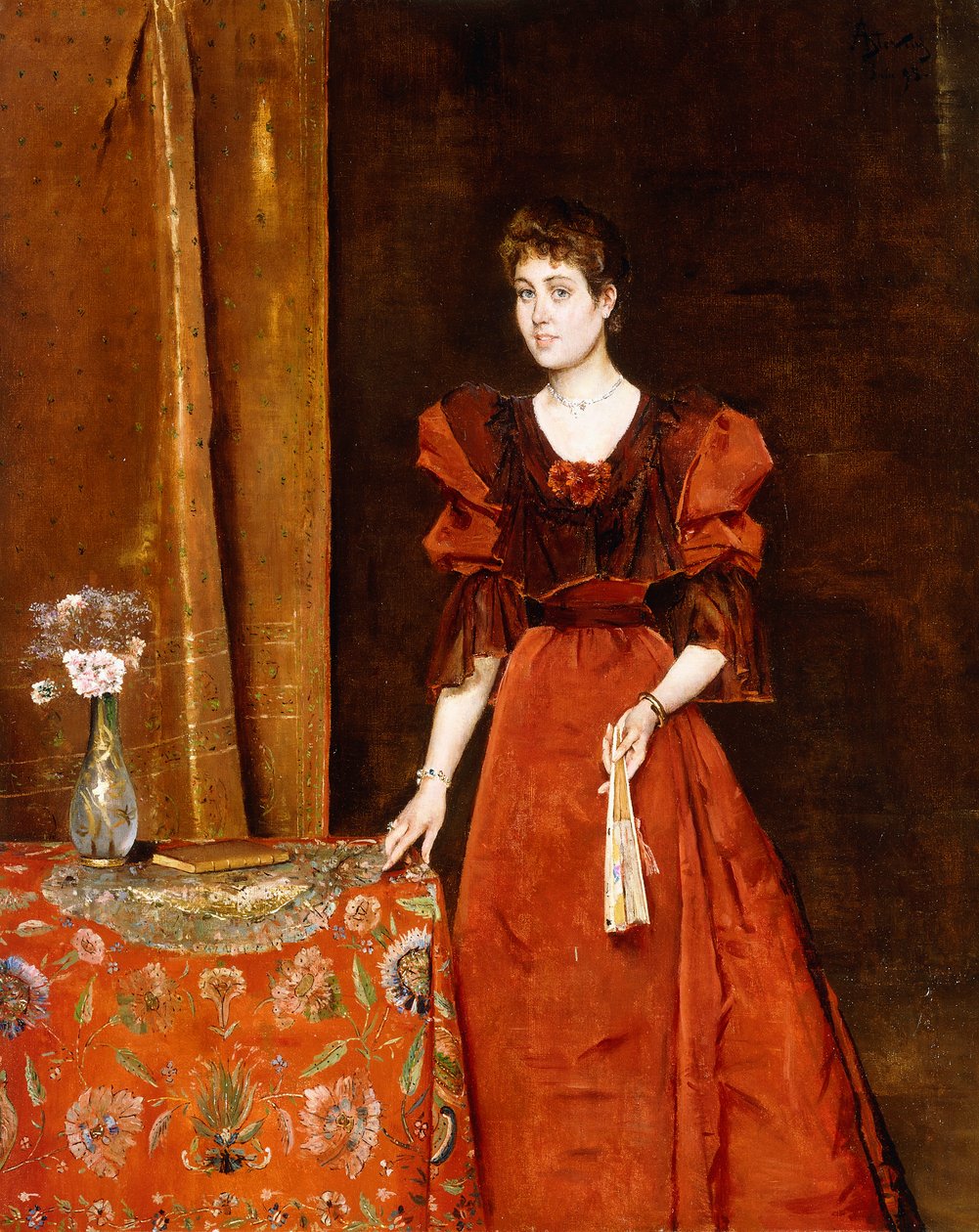 Elegancka dama trzymająca wachlarz, 1893 autorstwa Alfred Emile Stevens