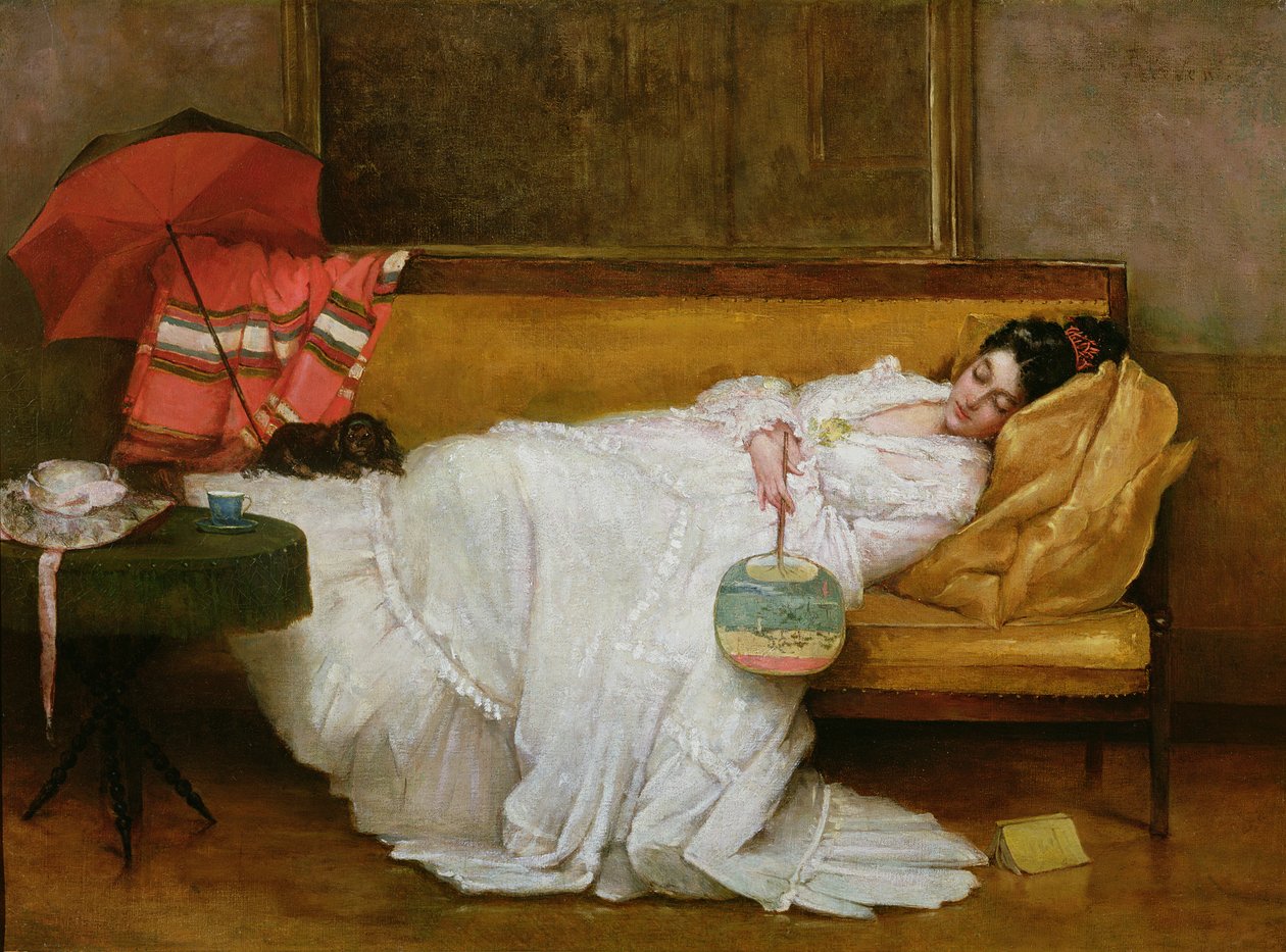 Dziewczyna w białej sukni odpoczywa na kanapie autorstwa Alfred Emile Stevens
