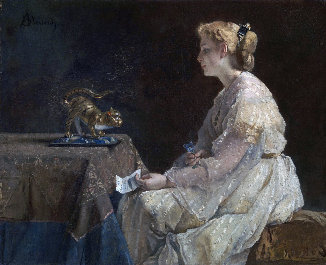 "Obecny"" Młoda kobieta odkrywa statuetkę kota - Obraz Alfreda Stevensa (1823-1906) ok. 1870 Londyn Galeria Narodowa autorstwa Alfred Emile Stevens