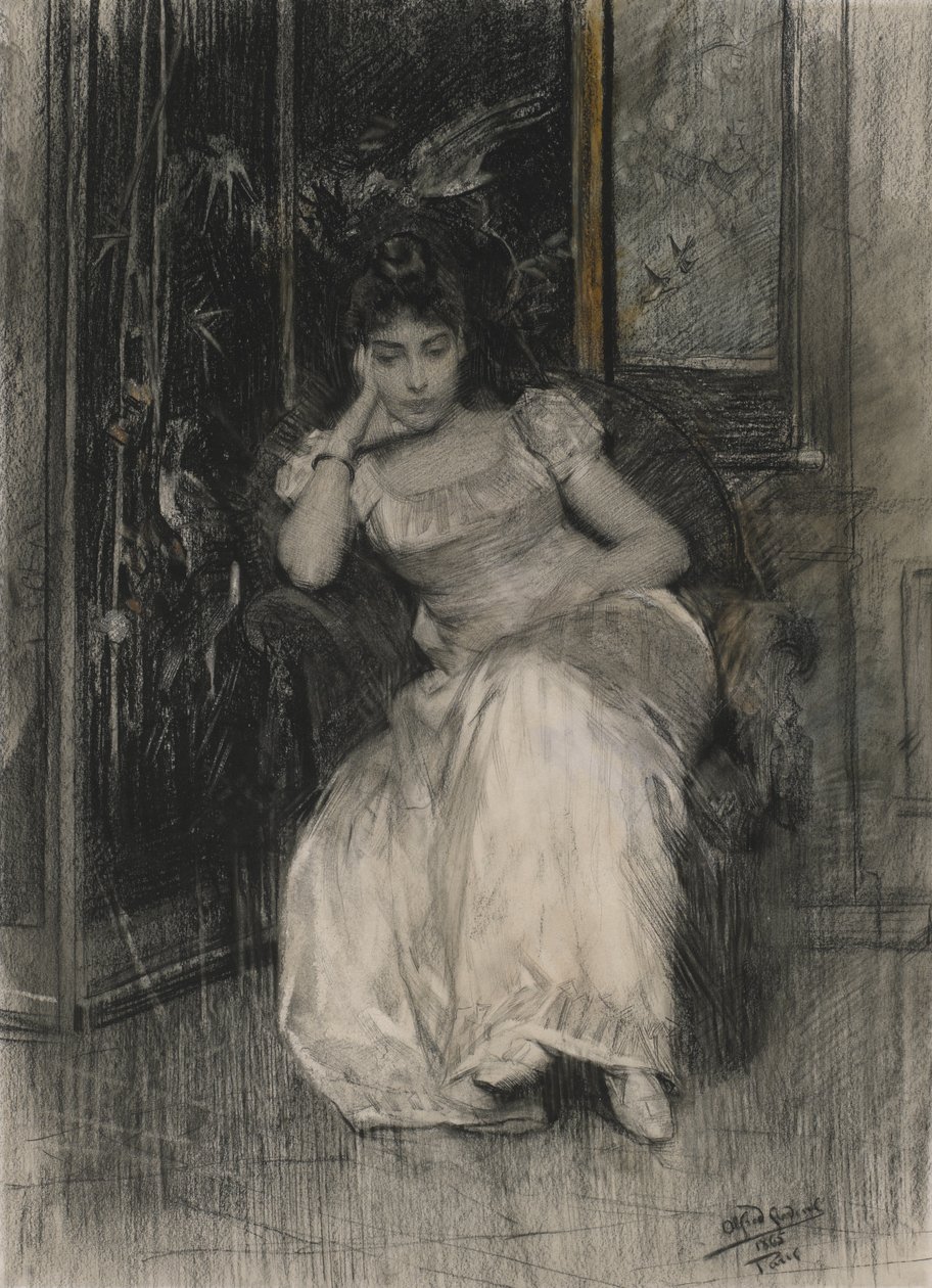 Mademoiselle de Clermont-Tonnerre, 1865 (czarna kreda i toaleta na grafitu na papierze tkanym) autorstwa Alfred Emile Stevens