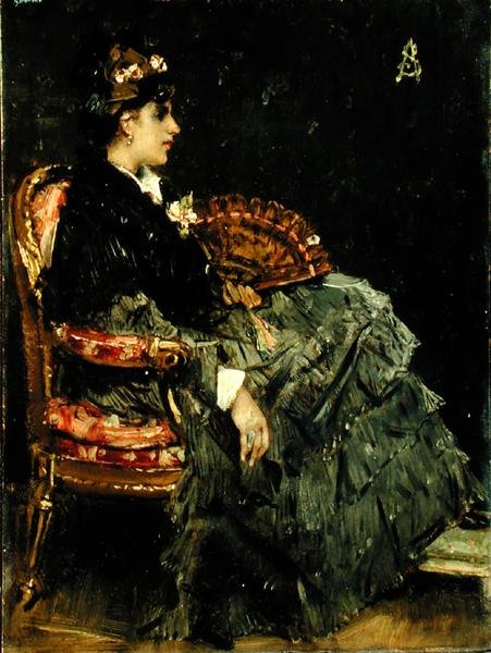 Siedząca Dama z Wachlarzem (olej na panelu) autorstwa Alfred Emile Stevens
