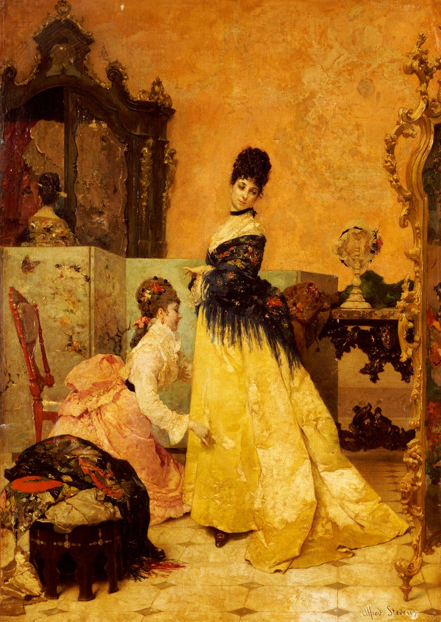 Nowa sukienka (olej na płótnie) autorstwa Alfred Emile Stevens