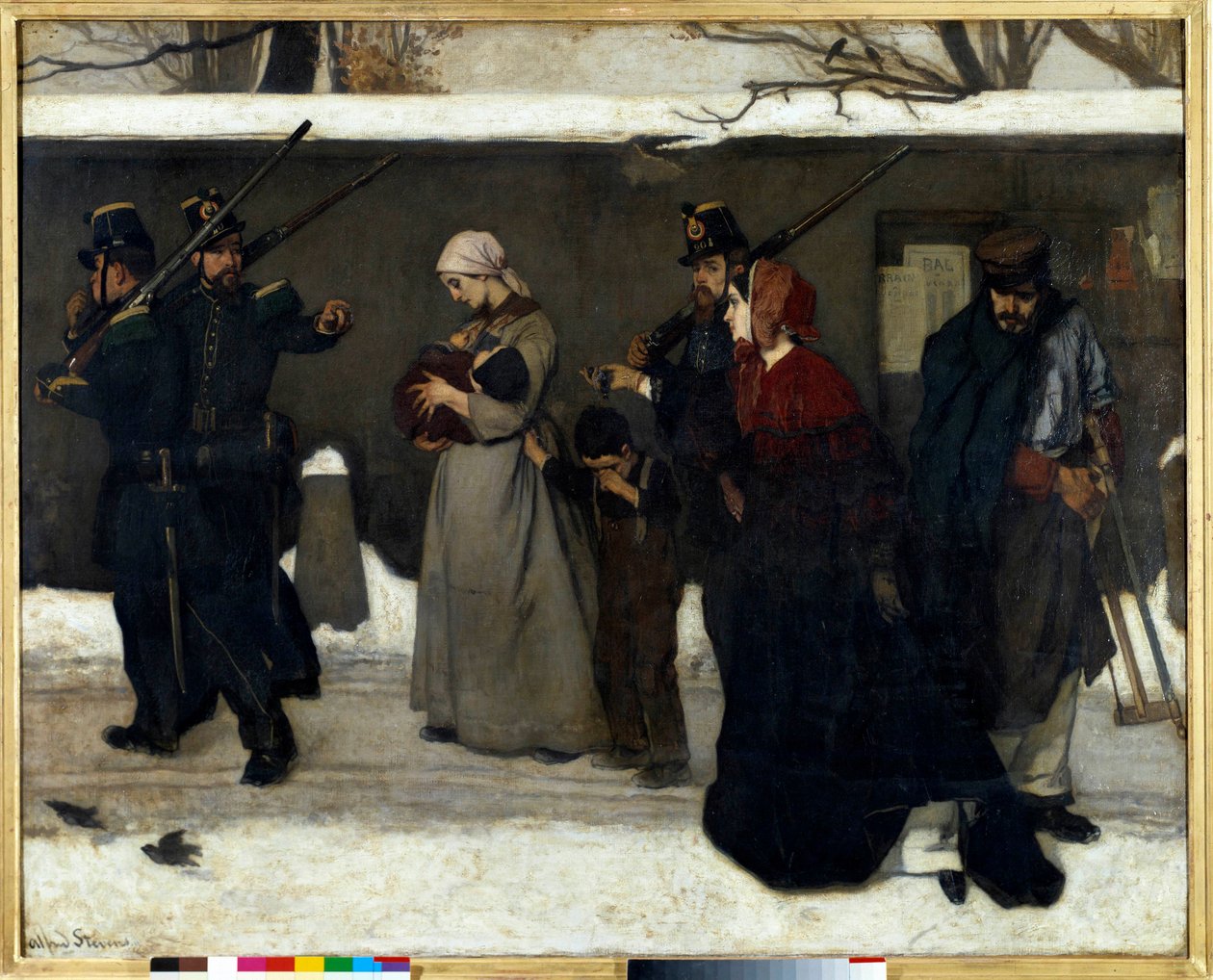 Tak zwane włóczęgostwo mówi również, że myśliwi z gwardii narodowej Vincennes zatrzymują rodziny na ulicy. Obraz Alfreda Stevensa (1823-1906) Nd. 1,3x1,6 m Paryż, musee d