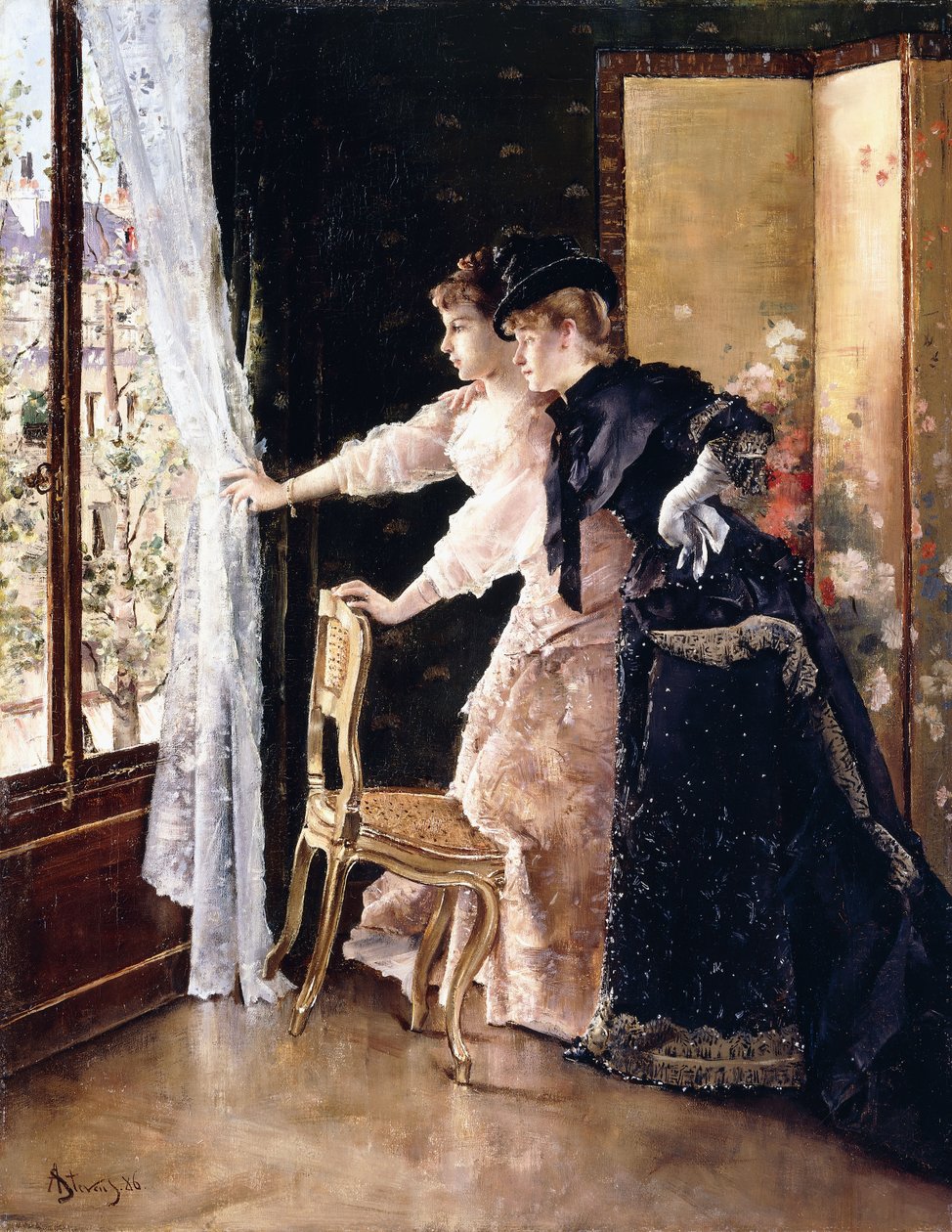 Oglądając przechodzącego narzeczonego, 1886 autorstwa Alfred Emile Stevens