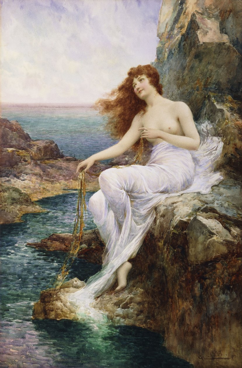 Nimfa morska siedząca na skale ze wstążką wodorostów, 1897 autorstwa Alfred Glendening