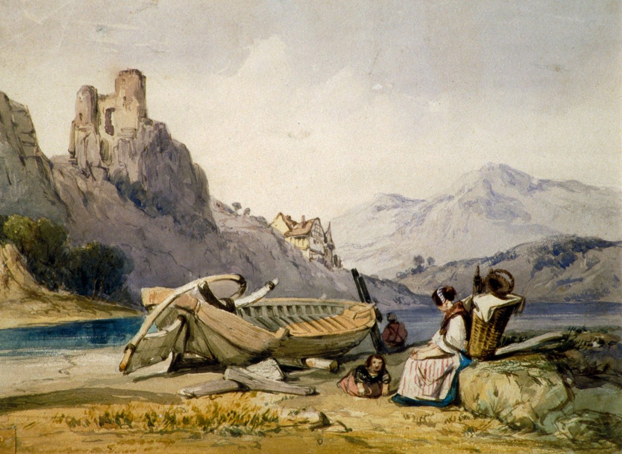 „Postaci i łódka na brzegu jeziora, w tle dom i zrujnowany zamek”, ok. 1830 autorstwa Alfred Gomersal Vickers