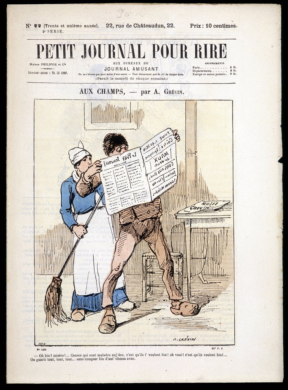 Mężczyzna czytający gazetę: „”” aux Champs”” autorstwa A. grévin- w „” Le Petity Journal pour rire”” n¡22, b.d. autorstwa Alfred Grevin