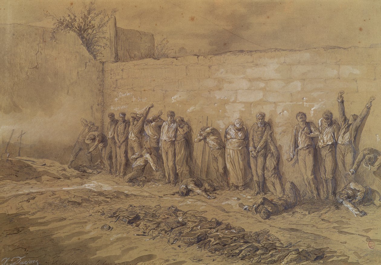 Egzekucja na cmentarzu „Mur des Federes”, Pere-Lachaise, 28 maja 1871 (brązowa kreda i płukanie podkreślone białym gwaszem na papierze sepiowym) autorstwa Alfred Henri Darjou