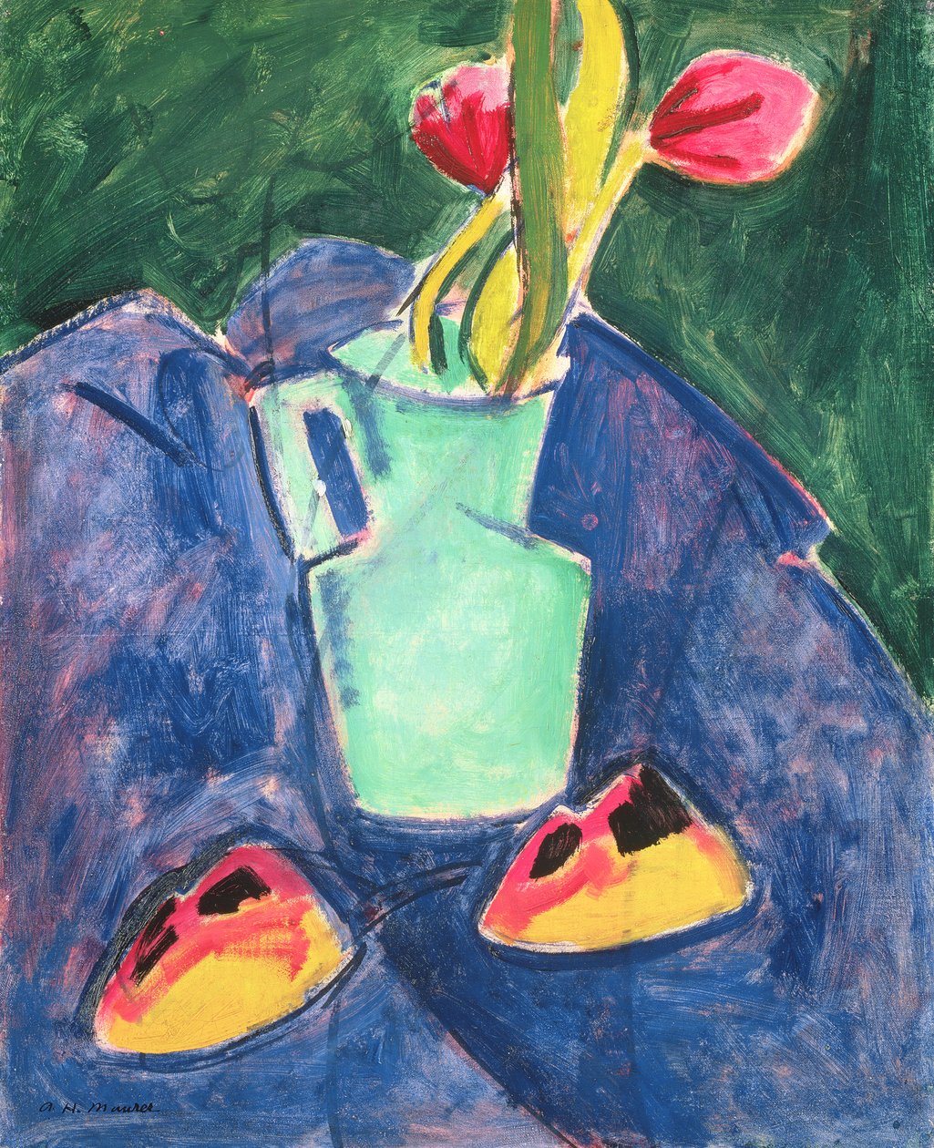 Kwiaty w zielonym wazonie na fioletowym materiale autorstwa Alfred Henry Maurer