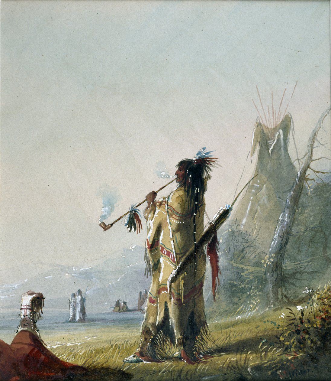 Indianin z plemienia Shoshonee [sic] palący autorstwa Alfred Jacob Miller