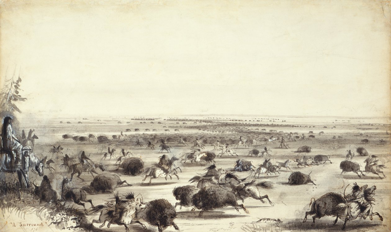 „Otoczenie” Buffalo przez Indian, ok. 1858 (pranie na papierze) autorstwa Alfred Jacob Miller