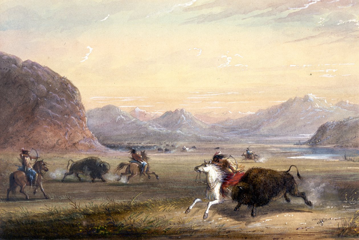 Polowanie na bizony w pobliżu Independence Rock autorstwa Alfred Jacob Miller
