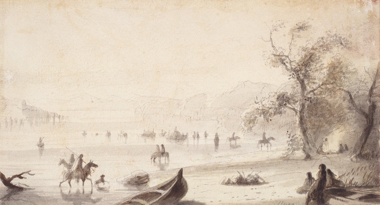 Bull Boating Across the Platte, c.1837 (rysunek na papierze) autorstwa Alfred Jacob Miller
