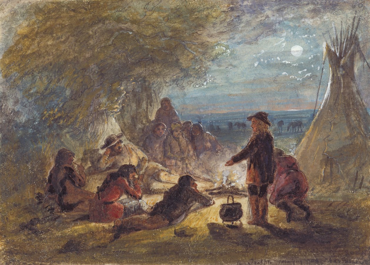 Ognisko w nocy; Traper Relating an Adventure, ok. 1858 (ołówek, pióro i atrament, akwarela i gwasz na papierze) autorstwa Alfred Jacob Miller