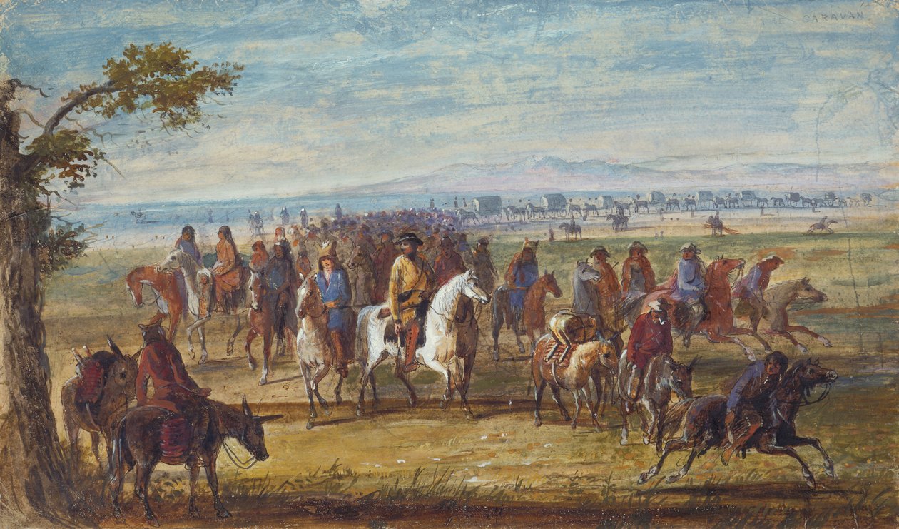 Karawana: Sir William Stewart na białym koniu, ok. 1837 (olej na papierze) autorstwa Alfred Jacob Miller