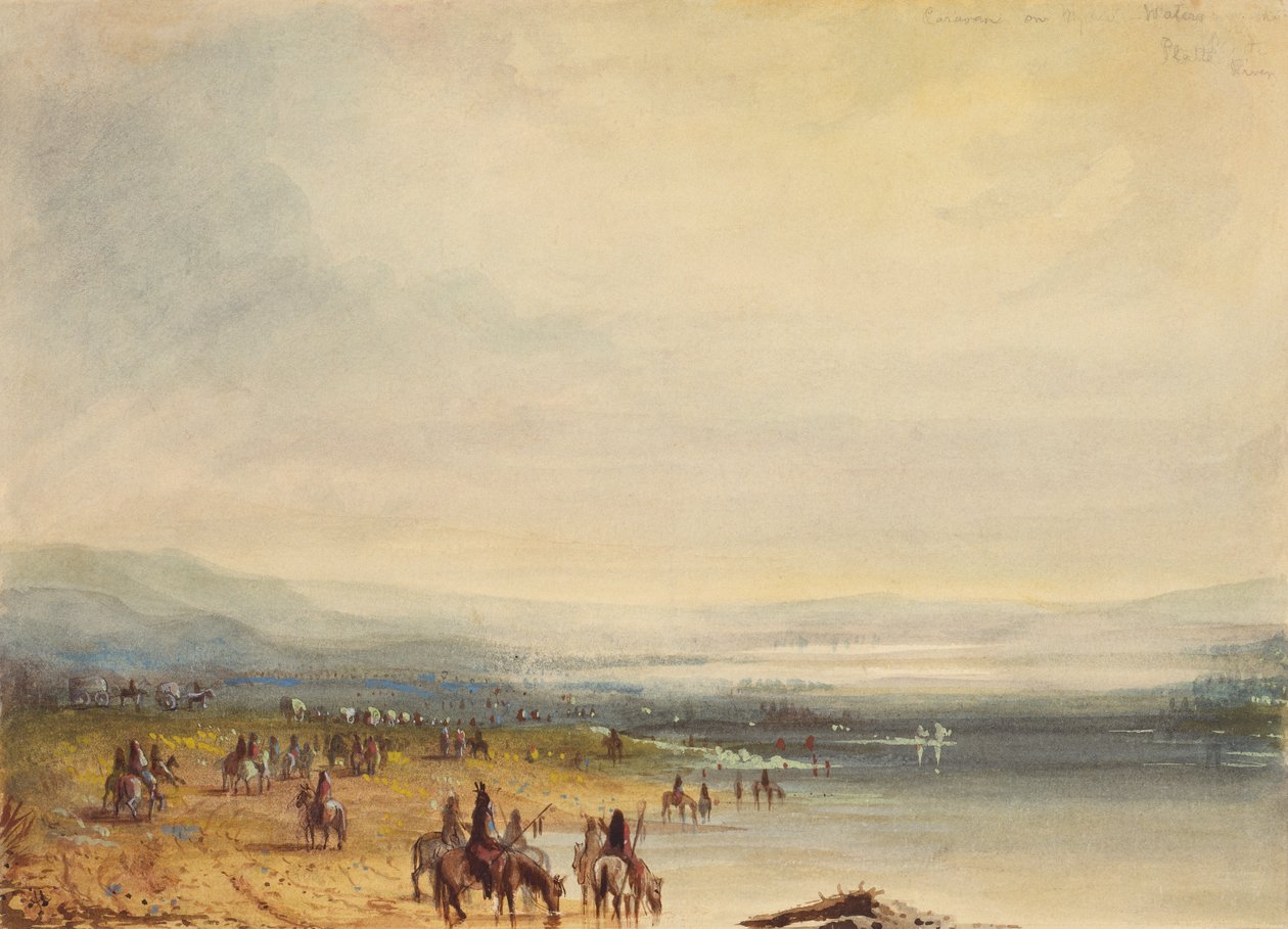 Karawana na rzece Platte, ok.1837 (akwarela na papierze) autorstwa Alfred Jacob Miller