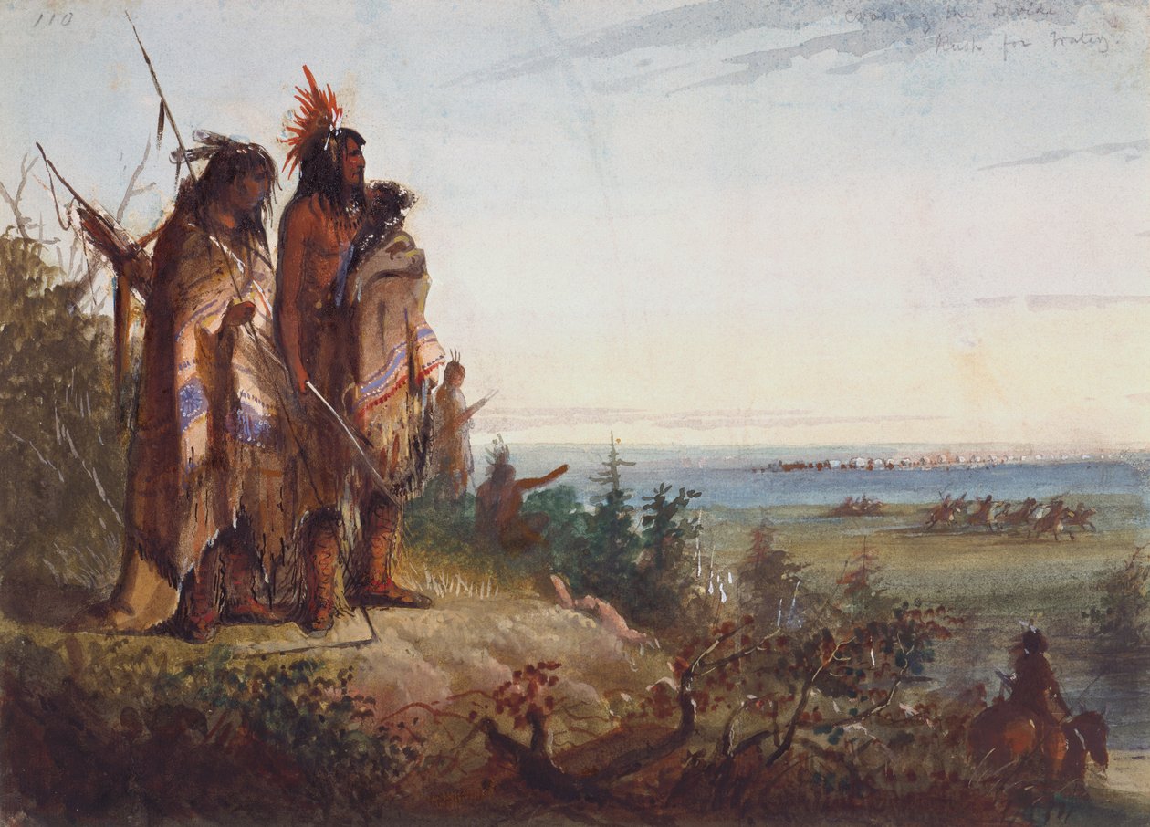 Przekraczanie przepaści lub spragnieni traperzy spieszący na rzekę, ok. 1837 (akwarela na papierze) autorstwa Alfred Jacob Miller