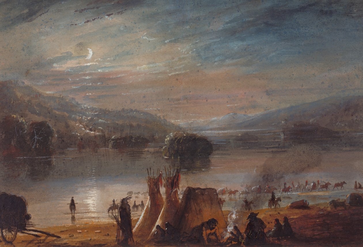 Crossing the River by Moonlight, Making Camp, c.1858-60 (akwarela na papierze) autorstwa Alfred Jacob Miller
