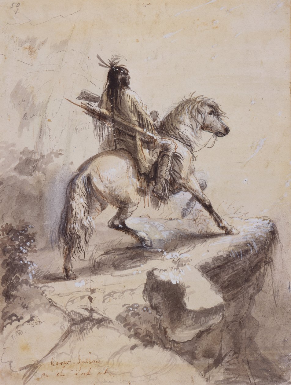 Crow Indian on Lookout, ok. 1837 (pióro i atrament, pranie i gwasz na papierze) autorstwa Alfred Jacob Miller