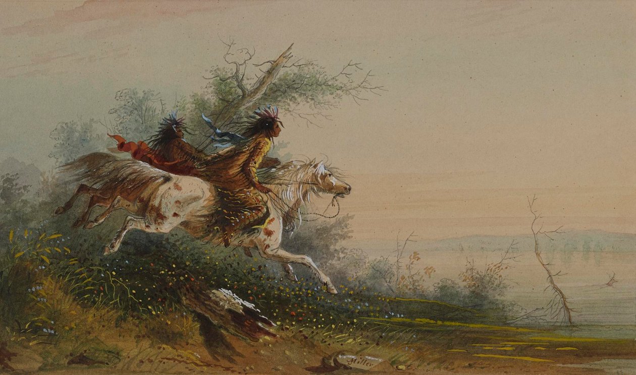 Łoś przepływający Platte autorstwa Alfred Jacob Miller