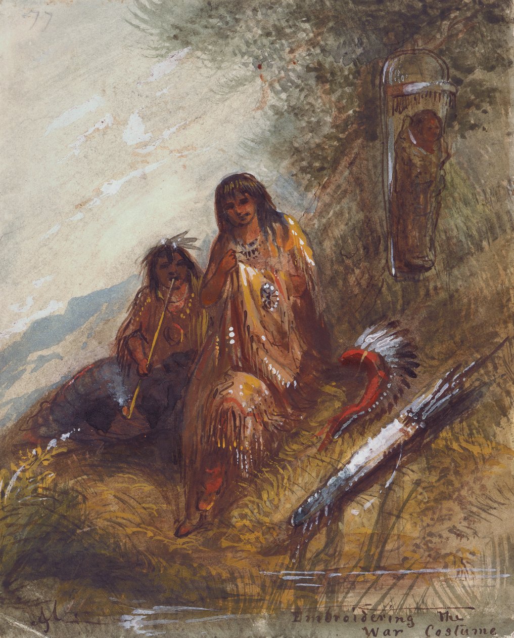 Haftowanie kostiumu wojennego, ok. 1837 (akwarela i gwasz na papierze) autorstwa Alfred Jacob Miller