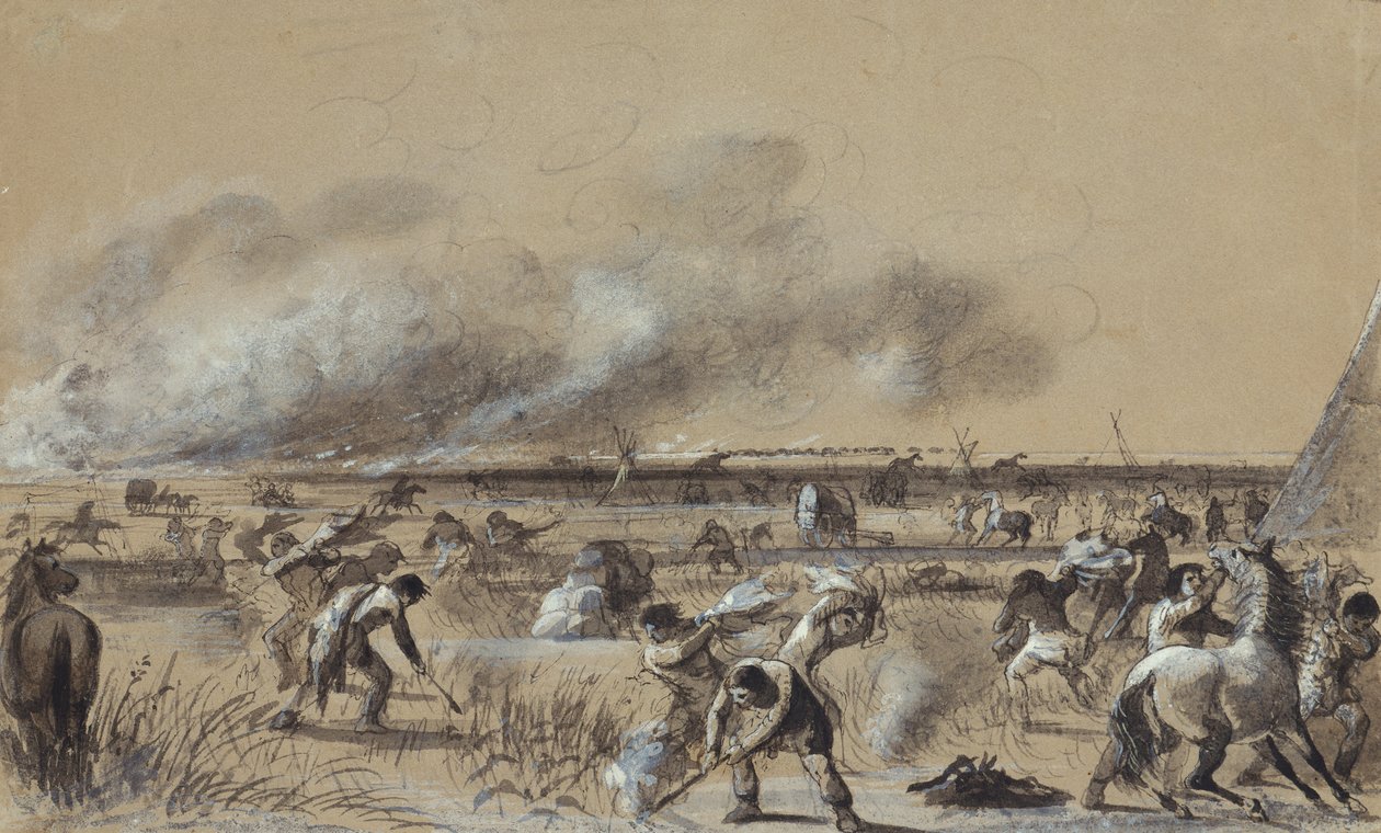 Pożar na prerii, podpalanie obozu, ok. 1837 (pranie z pasemkami na papierze) autorstwa Alfred Jacob Miller