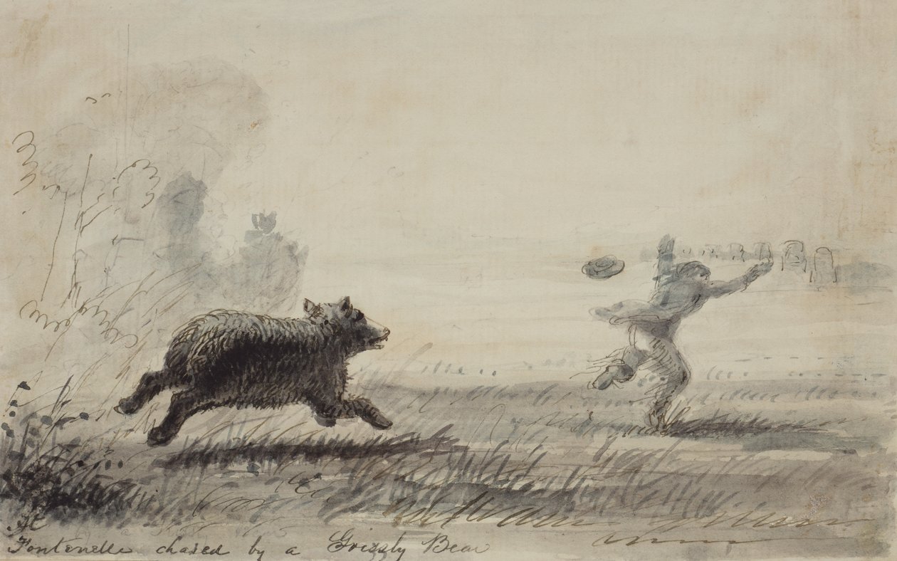 Fontenelle ścigany przez niedźwiedzia grizzly, c.1837 (pióro, atrament i pranie na papierze) autorstwa Alfred Jacob Miller