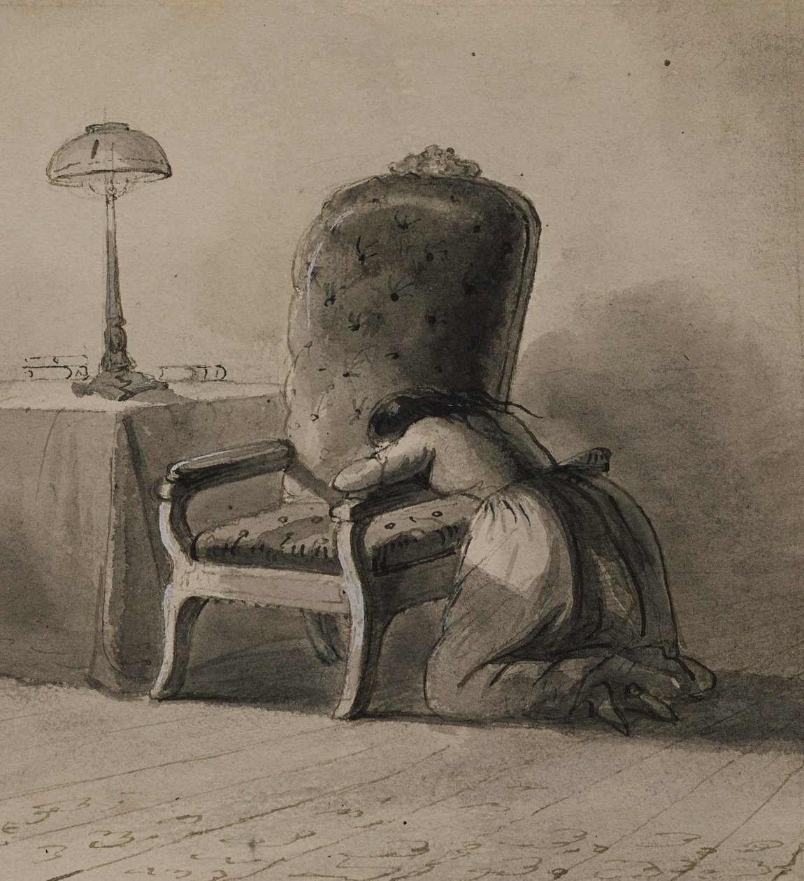 Dziewczyna klęcząca nad poręczą fotela autorstwa Alfred Jacob Miller