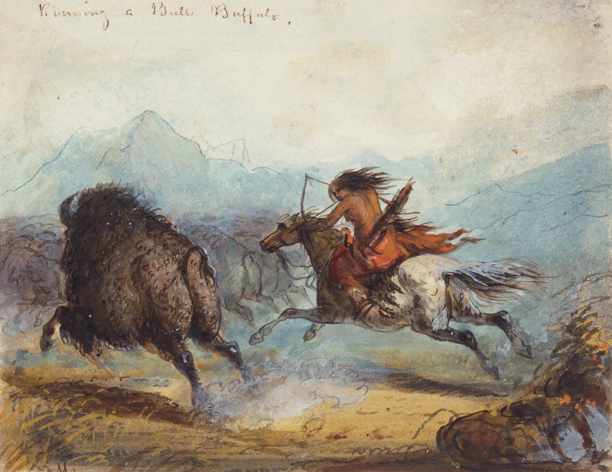 Indianka biegnąca bawołem, ok. 1858-60 (akwarela na papierze) autorstwa Alfred Jacob Miller