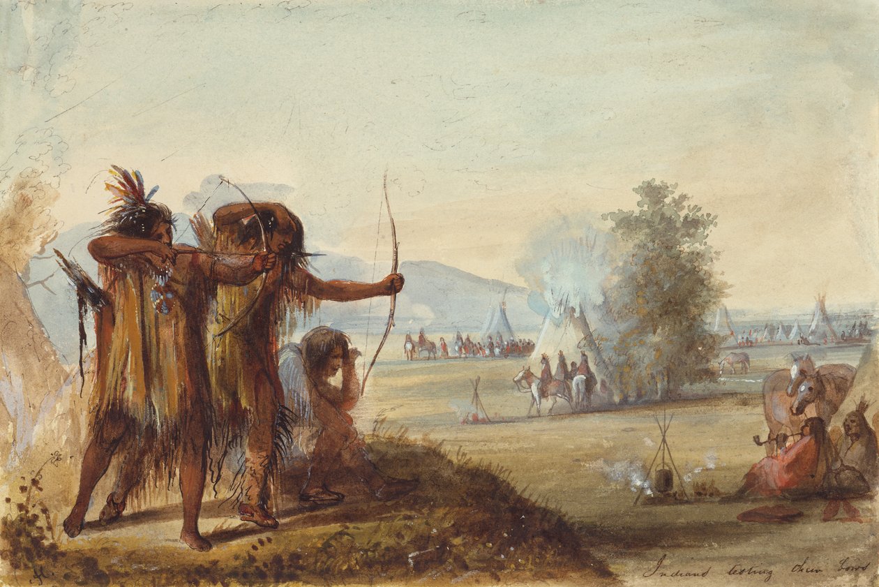 Indianie testują swoje łuki, ok. 1858 (ołówek, akwarela i gwasz na papierze) autorstwa Alfred Jacob Miller