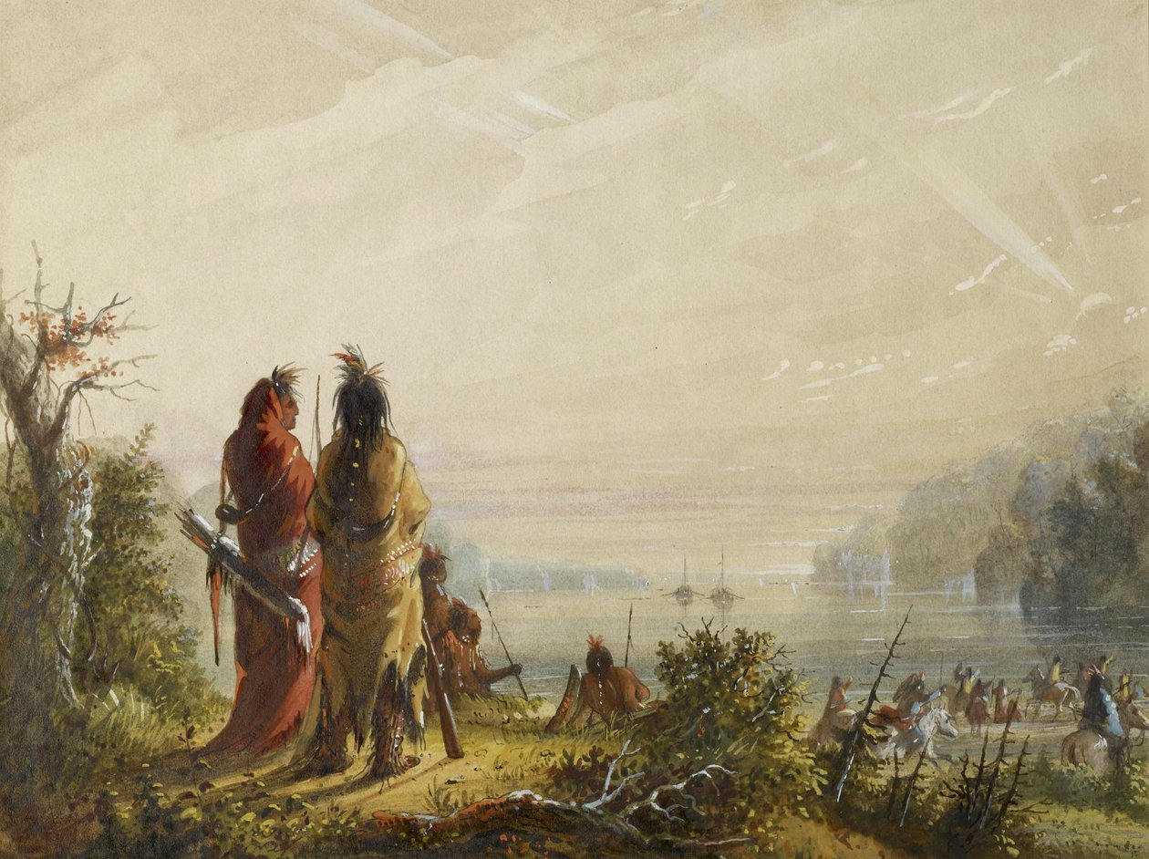 Indianie grożą atakiem na łodzie futrzarskie autorstwa Alfred Jacob Miller