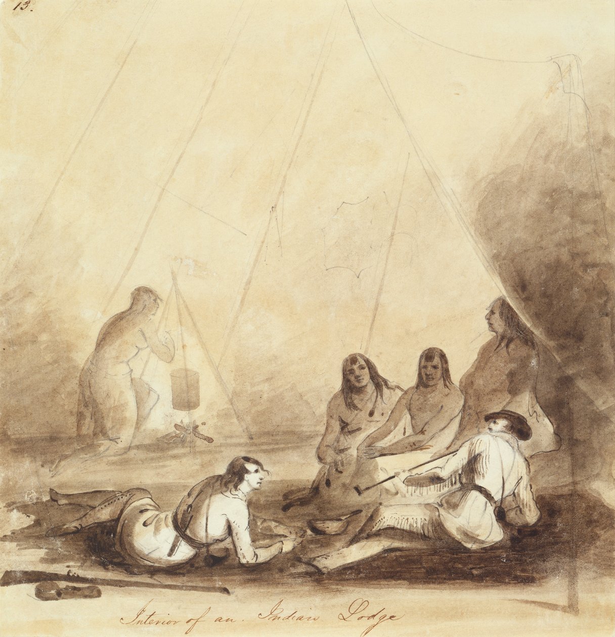 Wnętrze indyjskiej loży, c.1837 (ołówek, długopis i atrament i pranie na papierze) autorstwa Alfred Jacob Miller