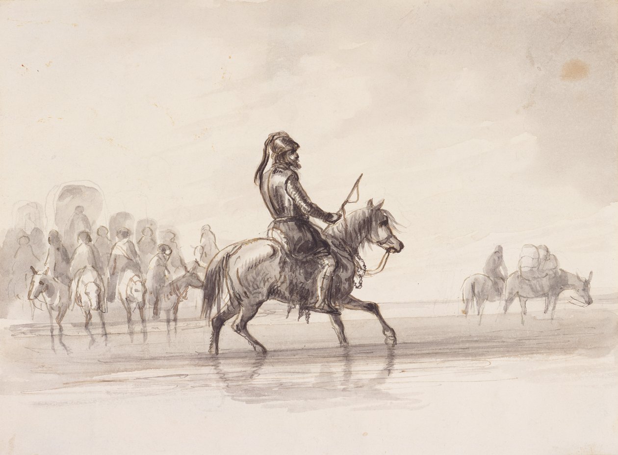 Jim Bridger, w garniturze z angielskiej zbroi, ok. 1837 (pióro i atrament oraz pranie na papierze) autorstwa Alfred Jacob Miller