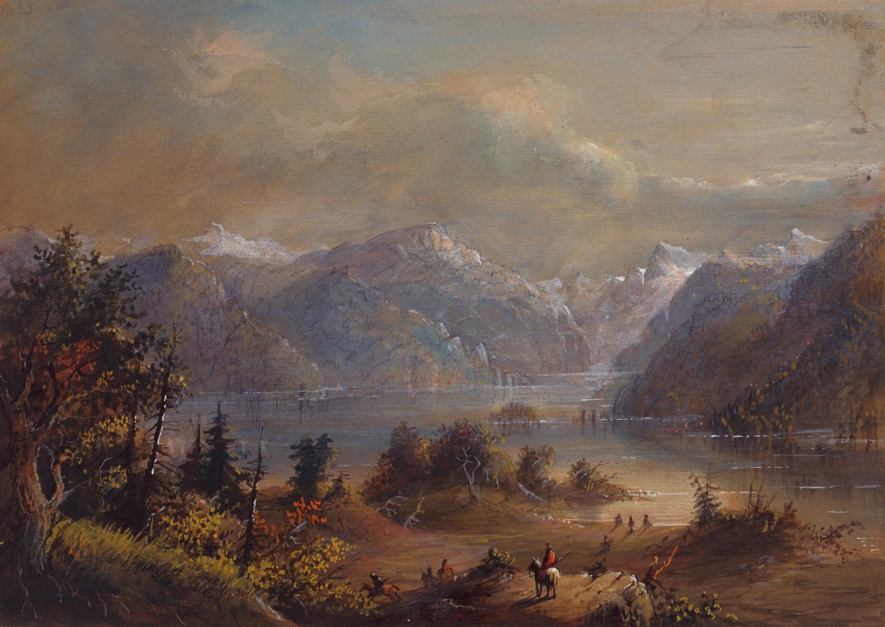 Lake Scene, Wind River Mountains, ok. 1837 (ołówek, akwarela i gwasz na papierze) autorstwa Alfred Jacob Miller