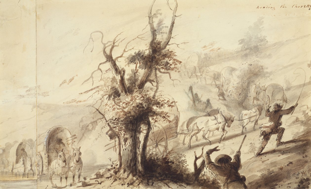 Lądowanie Charettes, ok. 1837 (brązowy wash na papierze) autorstwa Alfred Jacob Miller