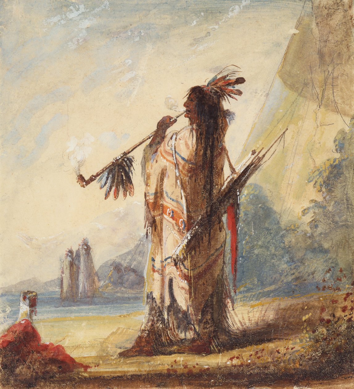 Wypoczynek z godnością, palenie kalumetu, ok. 1837 (ołówek, akwarela i gwasz na papierze) autorstwa Alfred Jacob Miller