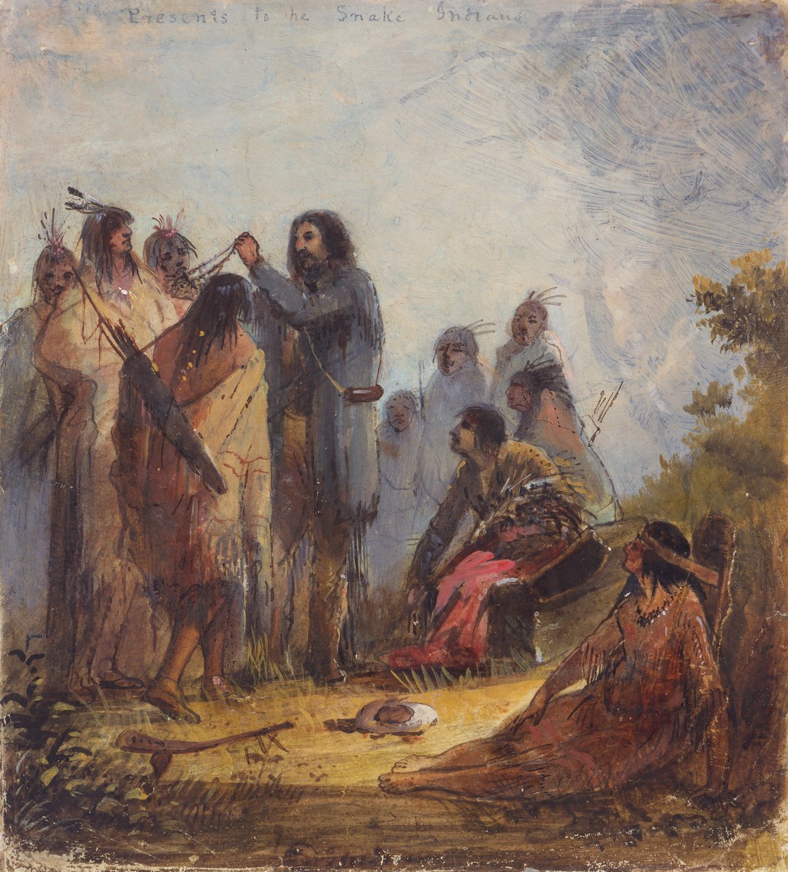 Prezenty dla Indian Snake, ok. 1837 (olej na papierze) autorstwa Alfred Jacob Miller