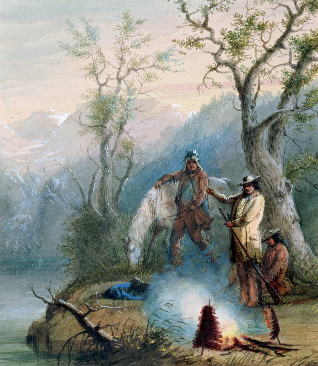 Pieczenie żeberka garbowego, 1837 (wc podwyższone białym na papierze) autorstwa Alfred Jacob Miller