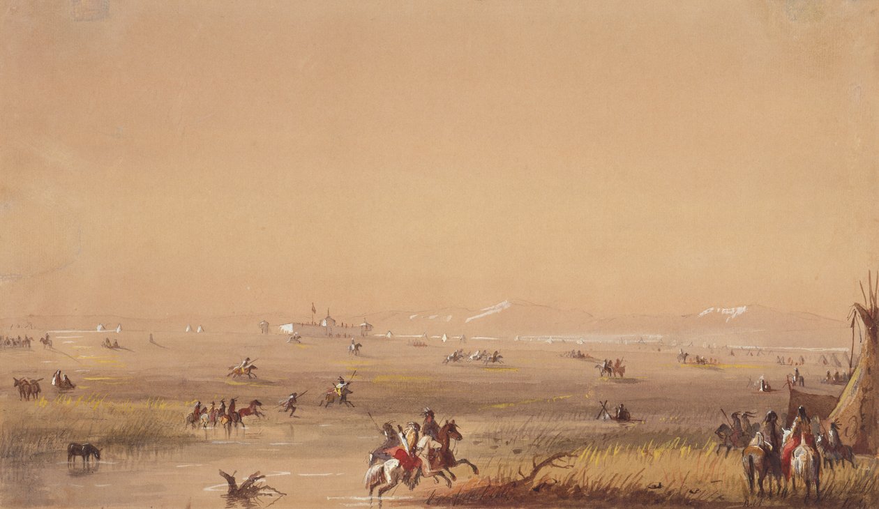 Scena w pobliżu Fort Laramie, ok.1837 (ołówek, akwarela i gwasz na papierze) autorstwa Alfred Jacob Miller