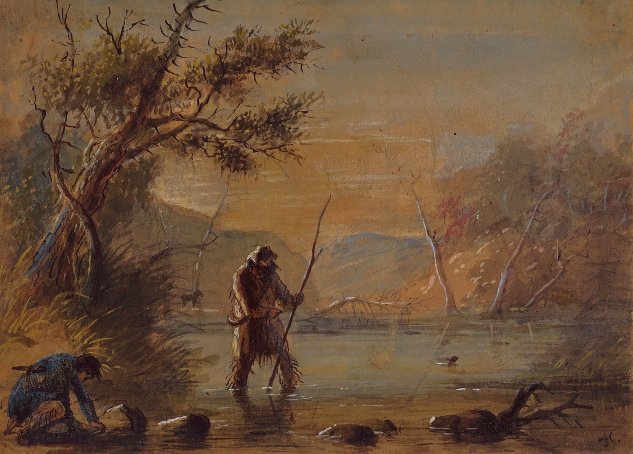 Zastawianie pułapek na bobra, ok. 1837 (ołówek, akwarela i gwasz na papierze) autorstwa Alfred Jacob Miller