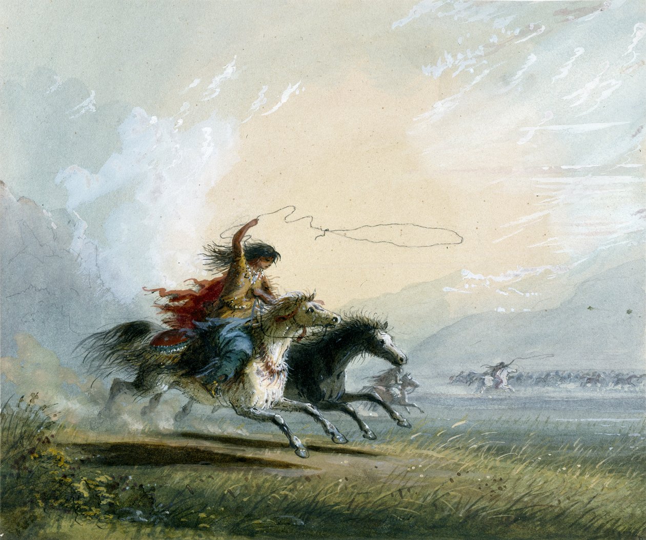 Samica z plemienia Shoshone – łapanie konia autorstwa Alfred Jacob Miller