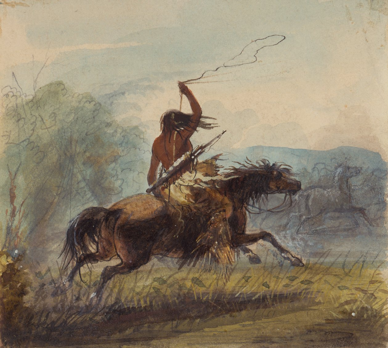Kobieta Szoszona rzucająca lassem, ok. 1837 (ołówek, akwarela i gwasz na papierze) autorstwa Alfred Jacob Miller