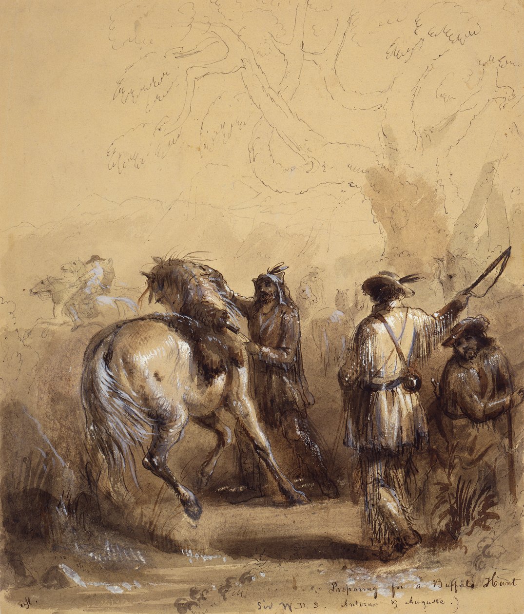 Sir W.D.S., Antoine i Auguste lub Przygotowanie do polowania na bizony, ok. 1837 (pióro i atrament, pranie i gwasz na papierze) autorstwa Alfred Jacob Miller
