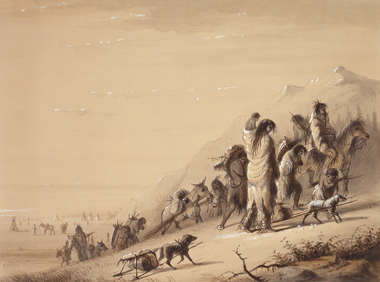 Migrujący Indianie Węży, ok. 1837 (pióro i atrament, pranie i gwasz na papierze) autorstwa Alfred Jacob Miller